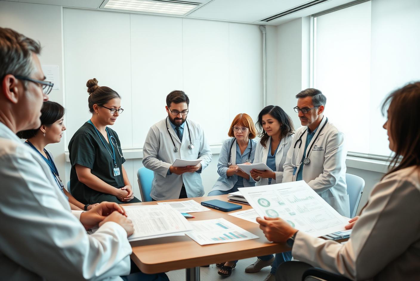 Profesionales sanitarios analizando documentación clínica durante una sesión científica