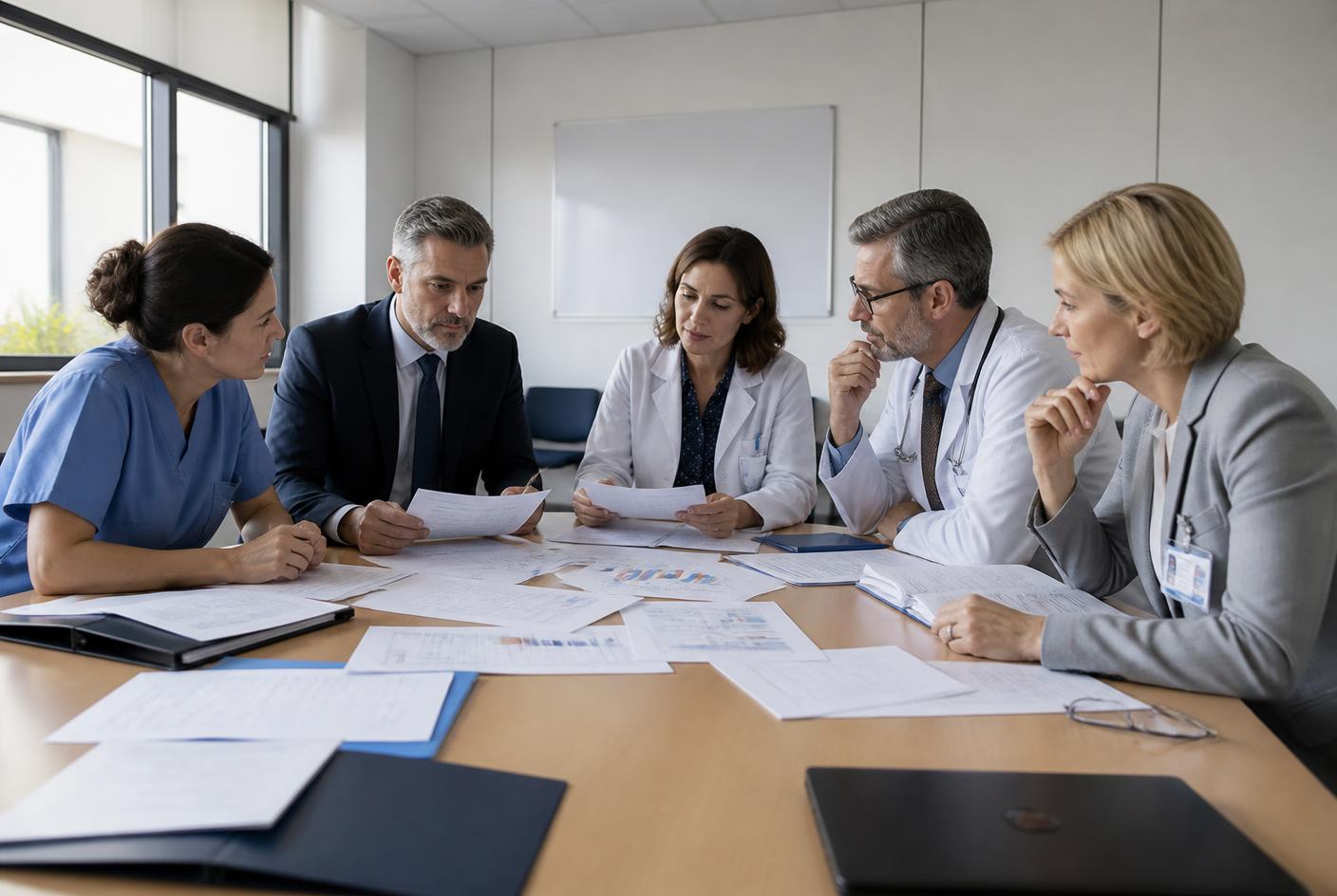 Comité clínico multidisciplinar revisando documentación en un hospital