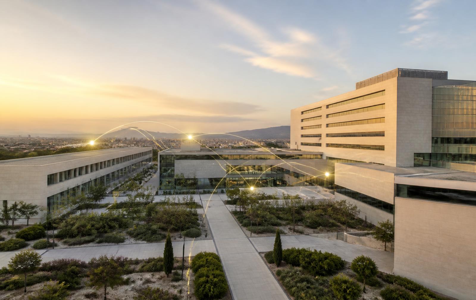 Vista exterior de un gran hospital español conectado mediante flujos de conocimiento, información e inteligencia institucional