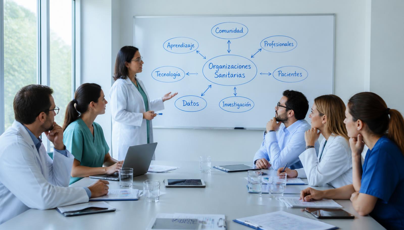 Equipo interdisciplinar de investigación sanitaria trabajando sobre un diagrama conceptual en una sesión colaborativa