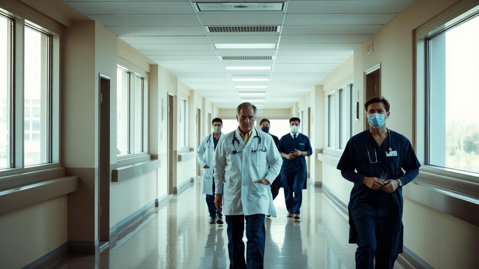 Profesionales sanitarios en un pasillo hospitalario durante la actividad asistencial