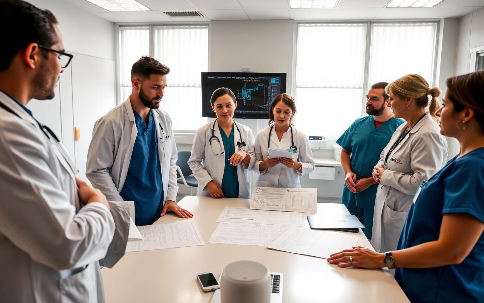 Equipo clínico interdisciplinar revisando información asistencial en un hospital